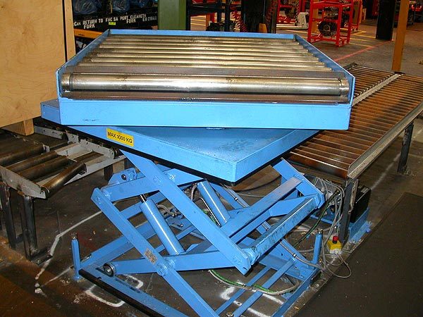 Double vertical scissor Lift Table with gravity roller track unit on turntable