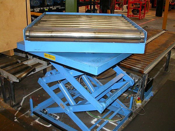 Double vertical scissor Lift Table with gravity roller track unit on turntable